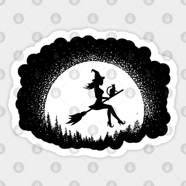 Halloween Witch Riding Broomstick Over Moon Sticker by PsychoDynamics